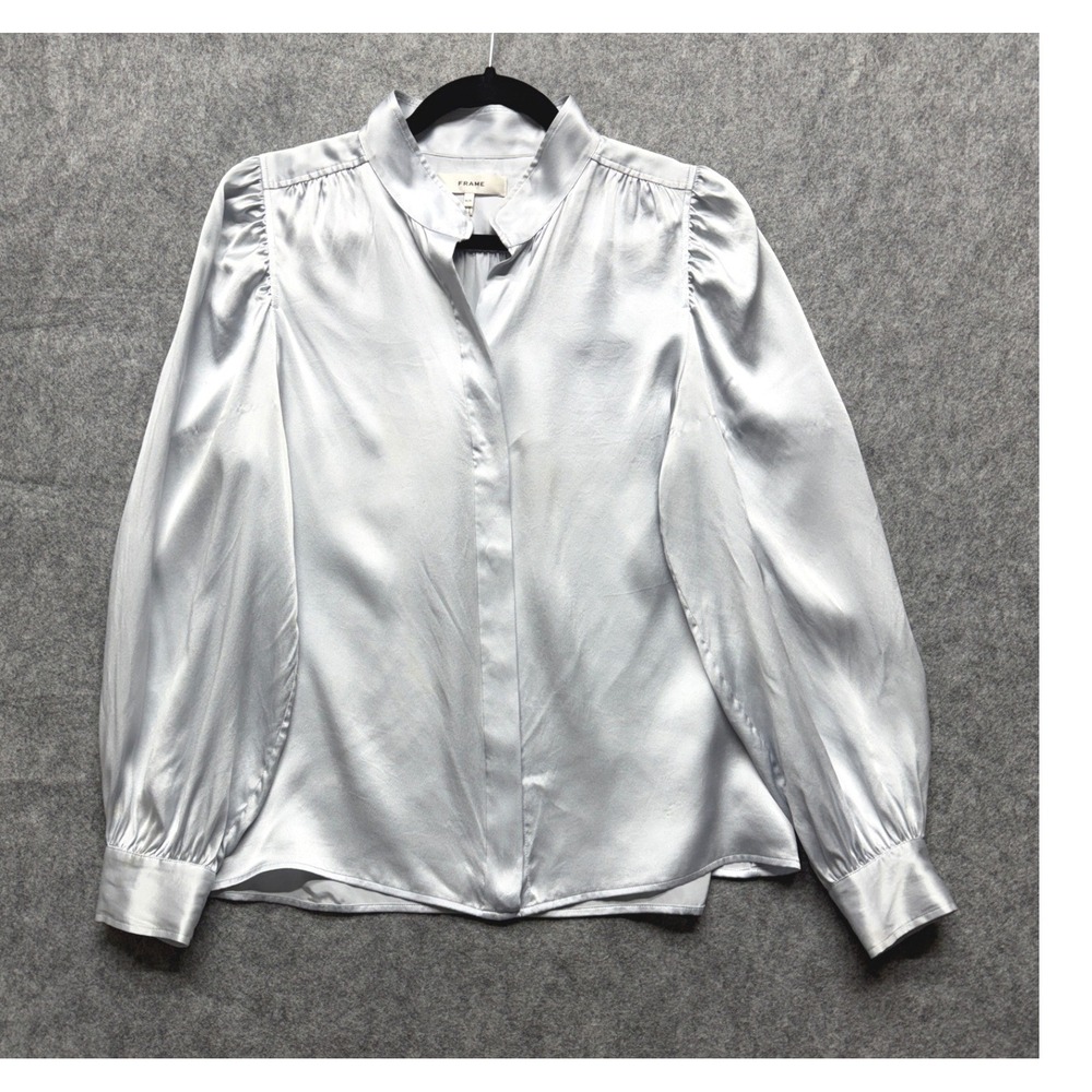 Frame Silk Mock Neck Blouse Light Blue Satin Long Sleeve Top Medium Romantic